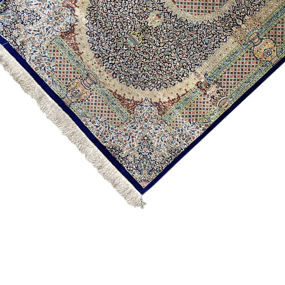 Ghom rug 156x102 cm with ornaments, dark blue border and beige fringes