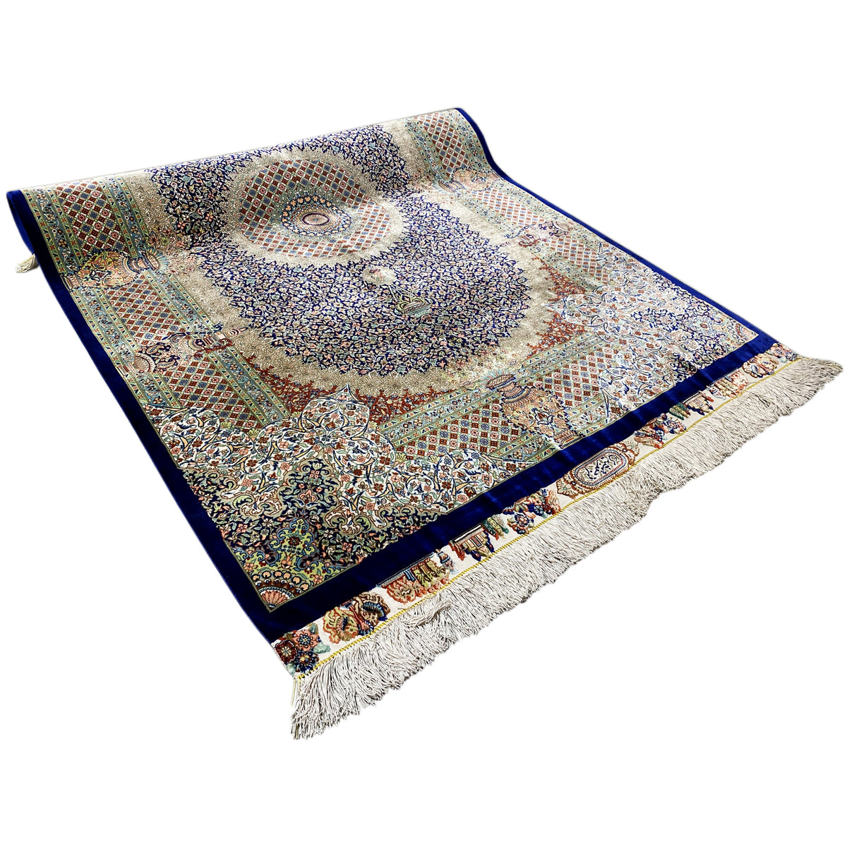 Rug 156x102 cm, top view; medallion ornament in blue, beige, and green