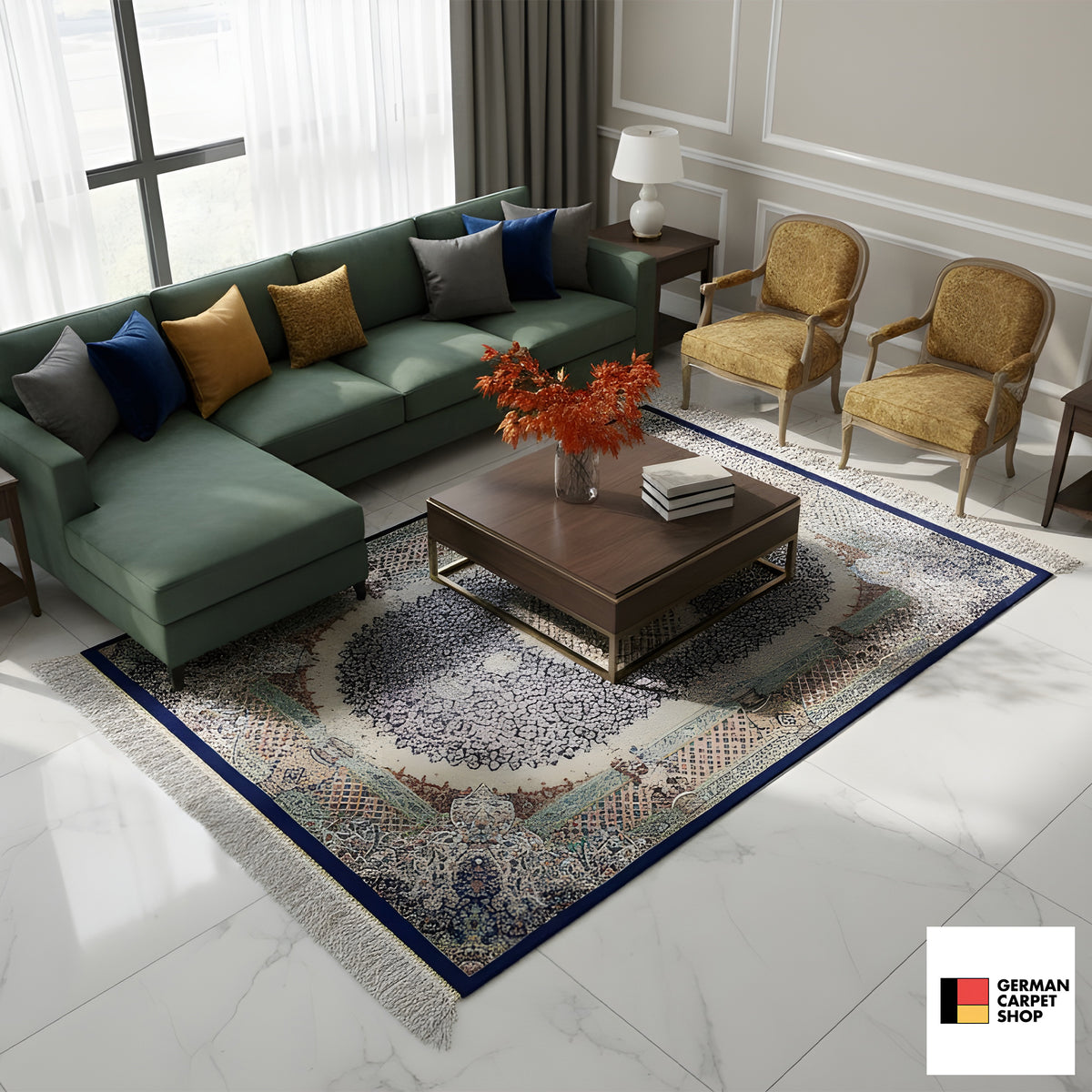 Rug 156x102 cm with an ornamental pattern and fringes, dark blue border