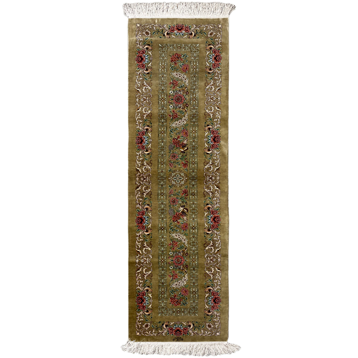 Silk rug as a narrow runner in olive with a medallion pattern and fringes at the ends