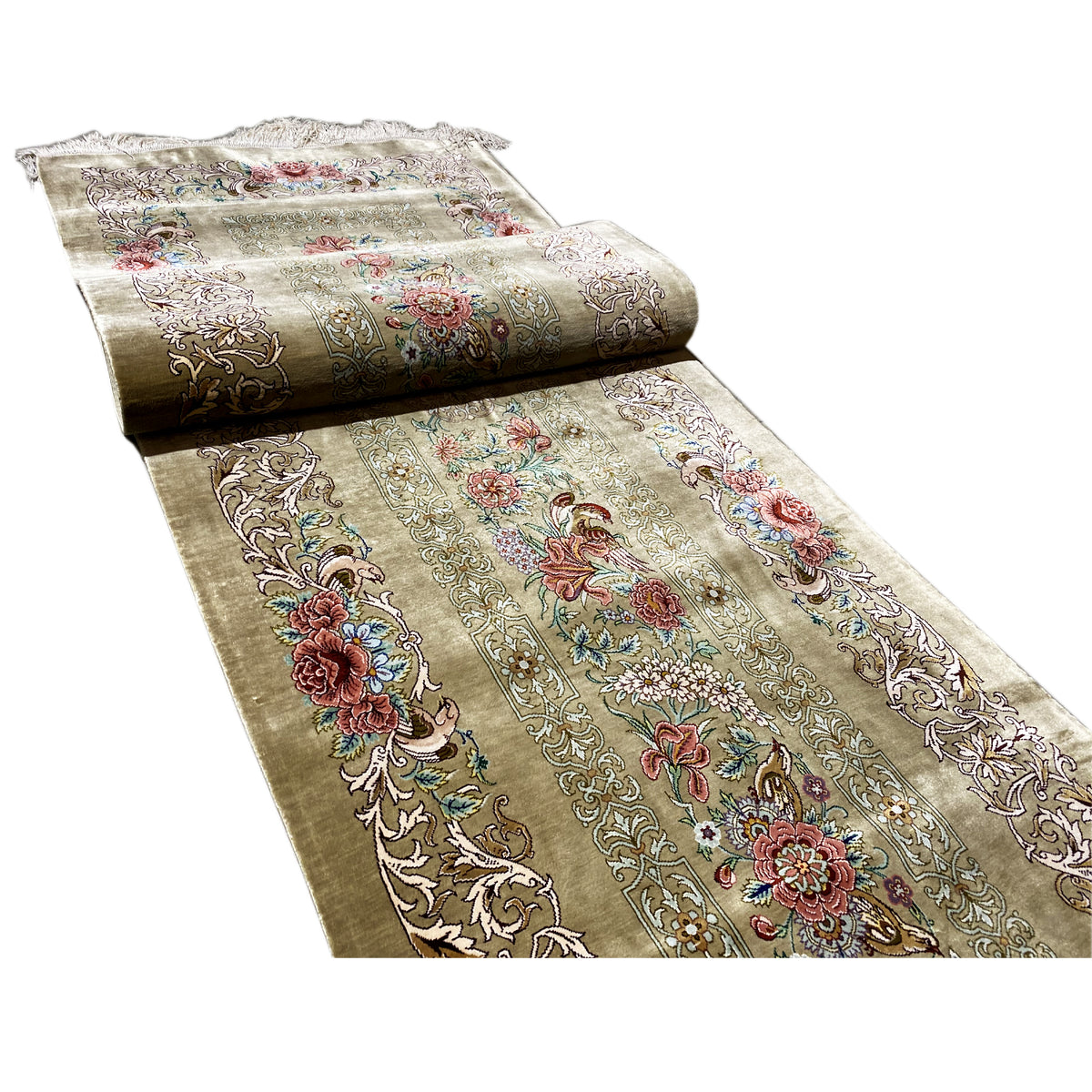 Silk carpet rolled and unfolded: detailed floral ornament on an olive-brown background