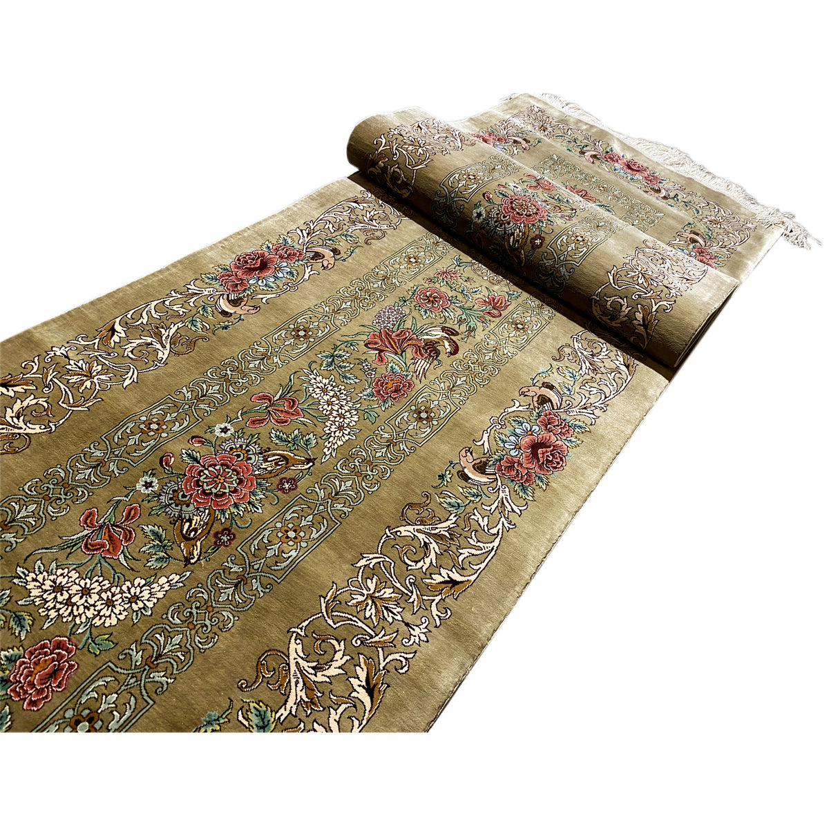 Silk carpet with a rolled section and ornamental border on an olive-brown ground