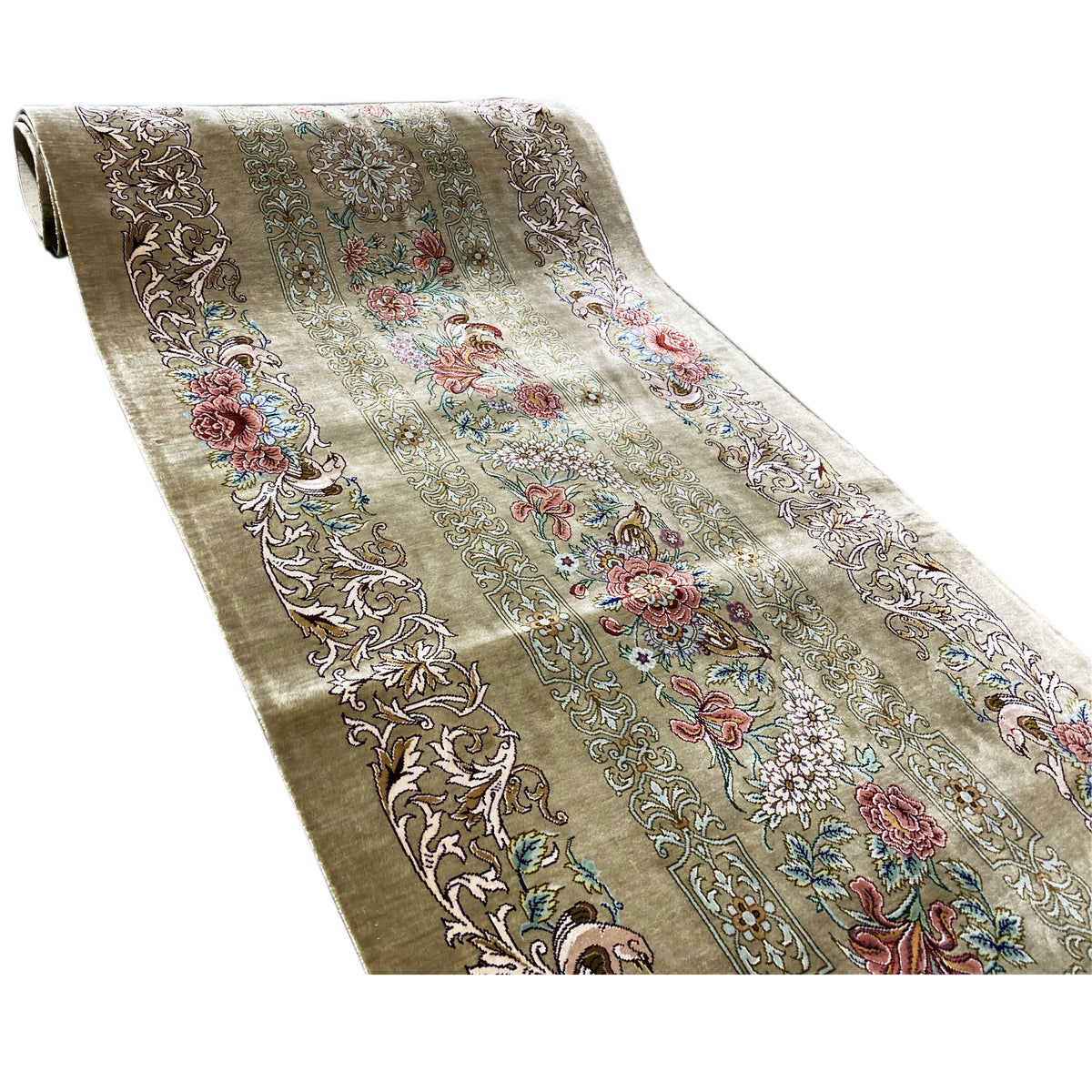 Silk carpet runner: fine ornamental and floral pattern on an olive-brown background