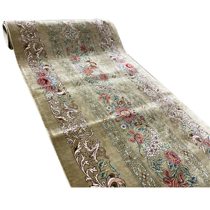 Silk carpet runner: fine ornamental and floral pattern on an olive-brown background