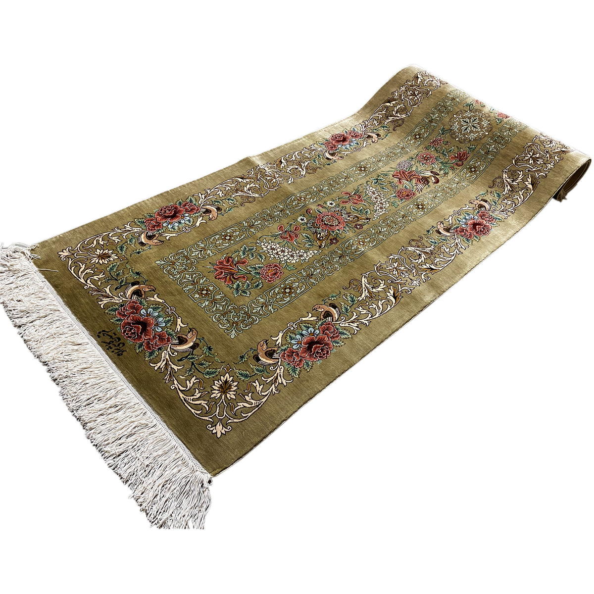Silk carpet laid flat: border with floral ornaments, olive brown and fringes