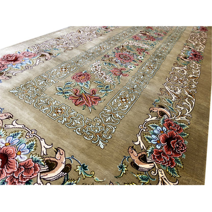 Silk rug with an ornamental floral pattern on an olive-brown background, a wide border, and fringes