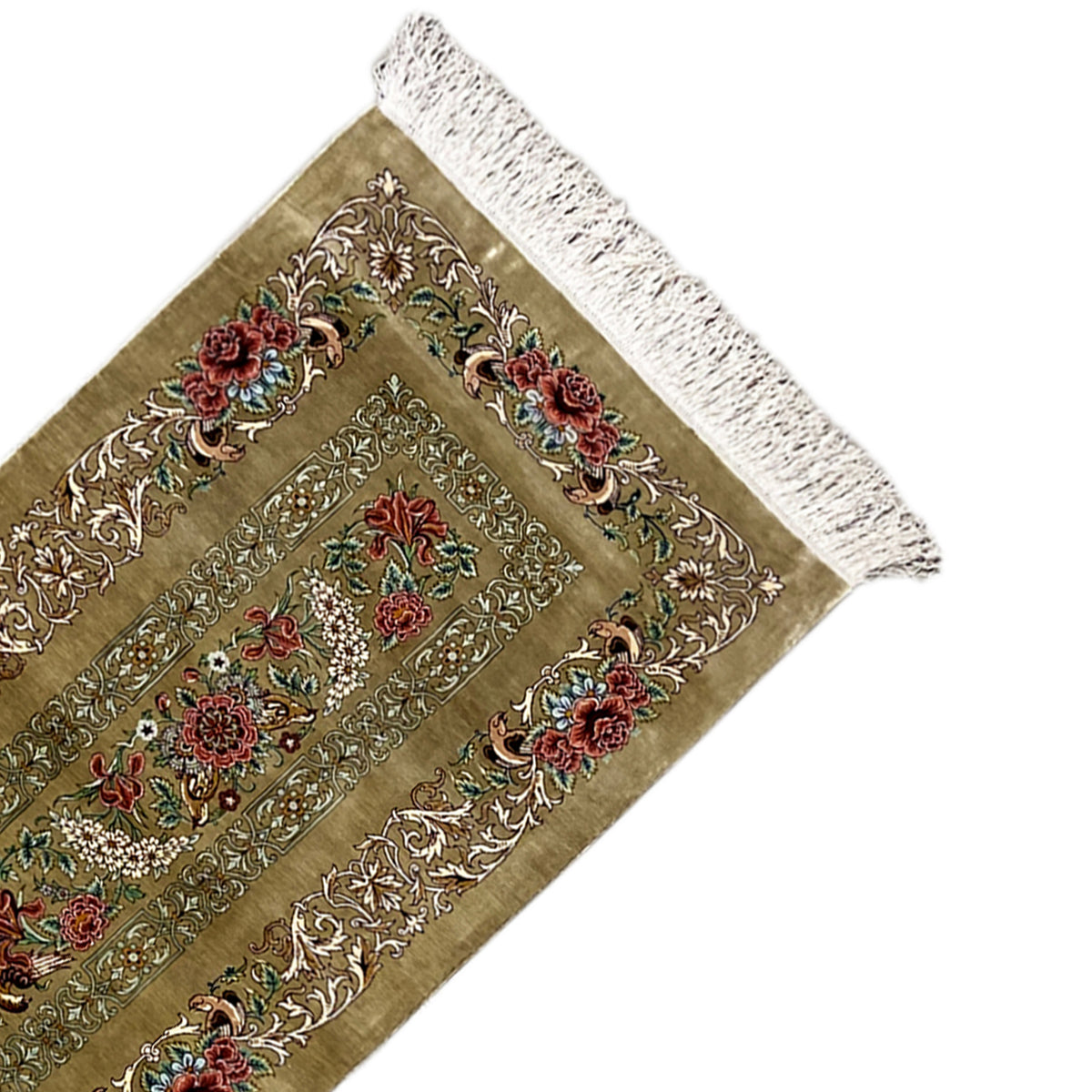Silk rug diagonal: floral pattern on an olive-brown background, visible fringed edge