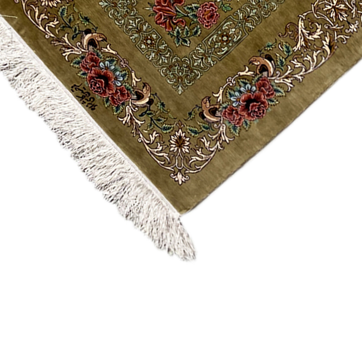 Silk carpet corner with fringes and a floral ornamental pattern on an olive-brown background