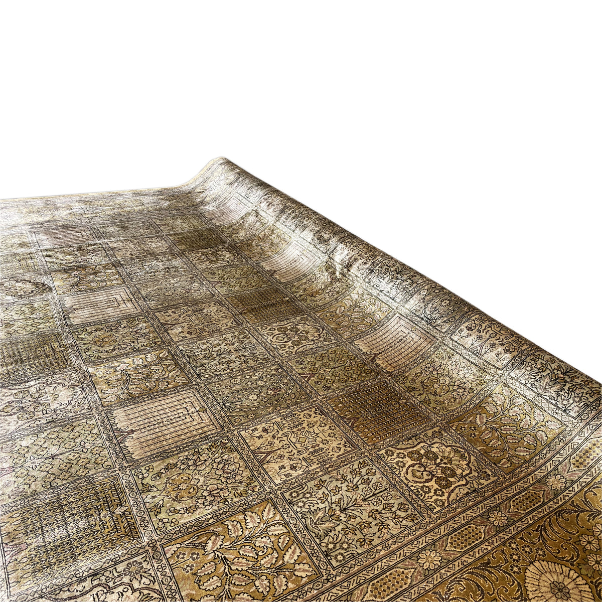 Ghom rug with a geometric patchwork pattern in beige and brown, fringes along the edge