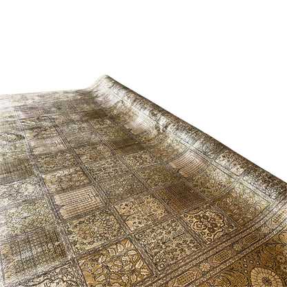 Ghom rug with a geometric patchwork pattern in beige and brown, fringes along the edge