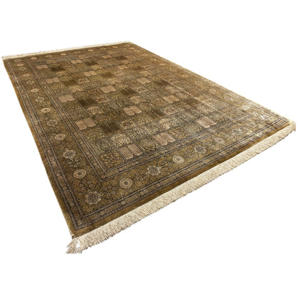 Brown-beige rug with a woven pattern, diagonal view, fringes at one corner