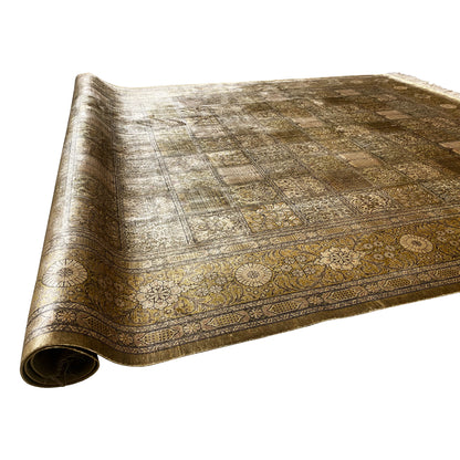 Rolled-up carpet view, brown patchwork ornament, light lines and fringes