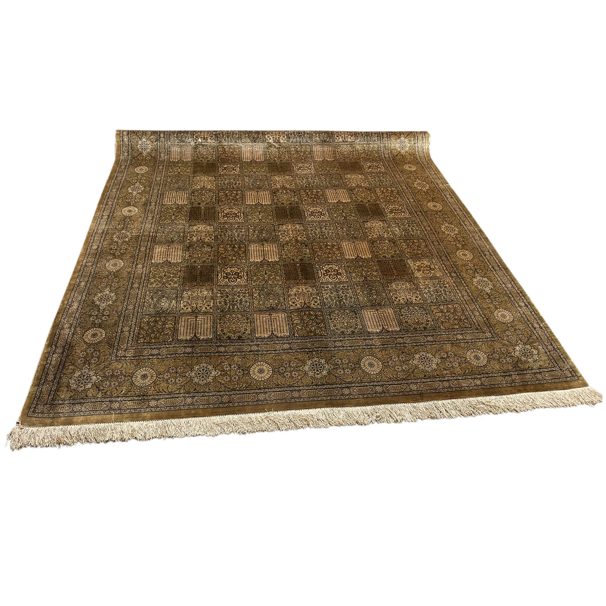 Brown-beige rug with a central ornamental field, surrounding border, and fringes