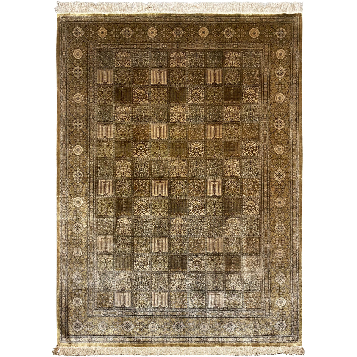 Rug with a dense ornamental pattern in brown, beige, and light beige, with fringes along the edges
