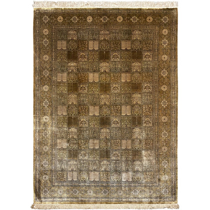 Rug with a dense ornamental pattern in brown, beige, and light beige, with fringes along the edges