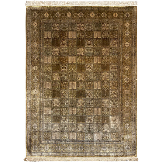 Rug with a dense ornamental pattern in brown, beige, and light beige, with fringes along the edges