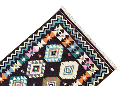 Rug edge with diamond patterns, colorful accents, and white fringes