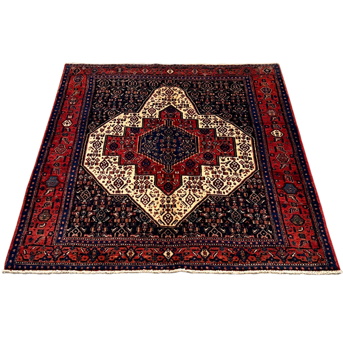 Rectangular rug with a large central medallion in dark blue, red, and beige.