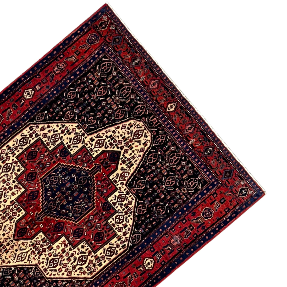 Close-up of the carpet edge: dark blue pattern with a red accent and beige medallion.