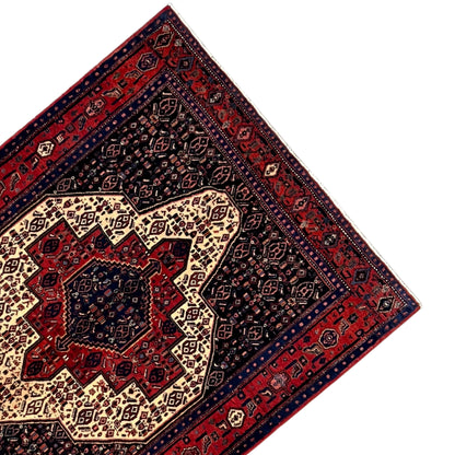 Close-up of the carpet edge: dark blue pattern with a red accent and beige medallion.