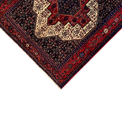 Rug corner with a bordered pattern in dark blue, red and beige, with a fringed edge.