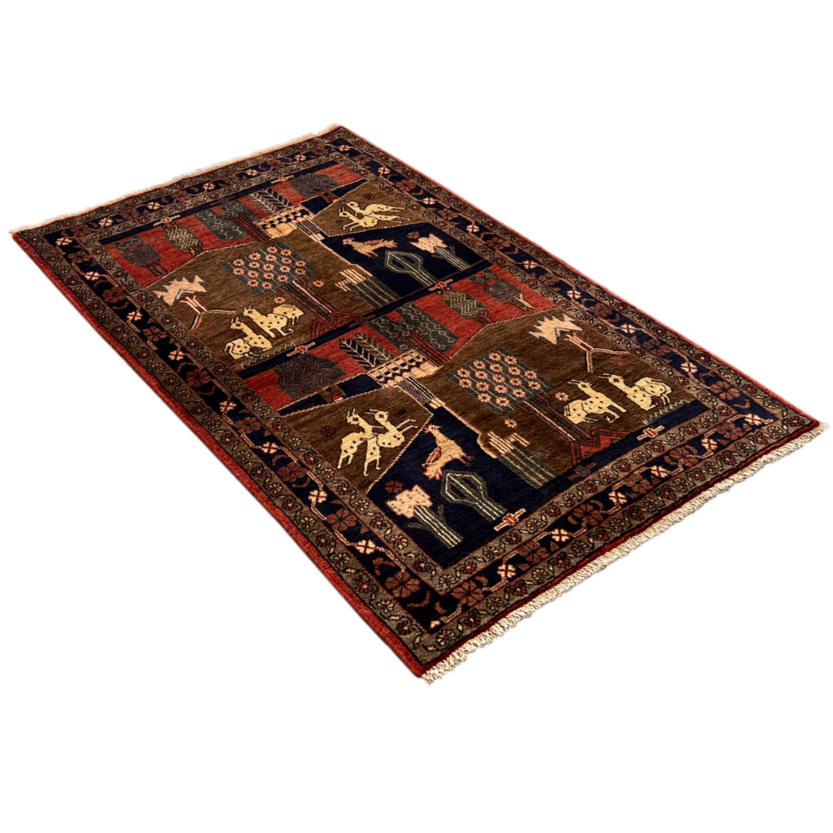 Shahre Babak rug in brown with dark fields, geometric border, and animal motifs