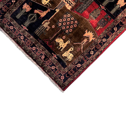 Corner of the rug with a bound border, animal motifs and ornaments in dark brown
