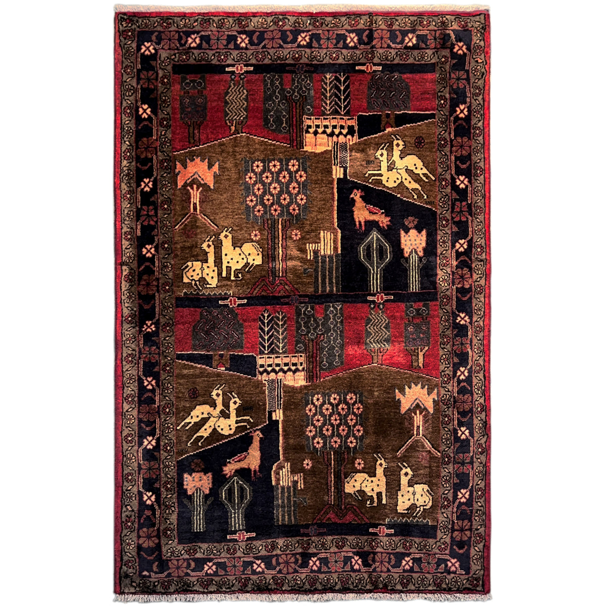 Shahre Babak oriental rug with patchwork patterns, brown, red and blue, rectangular