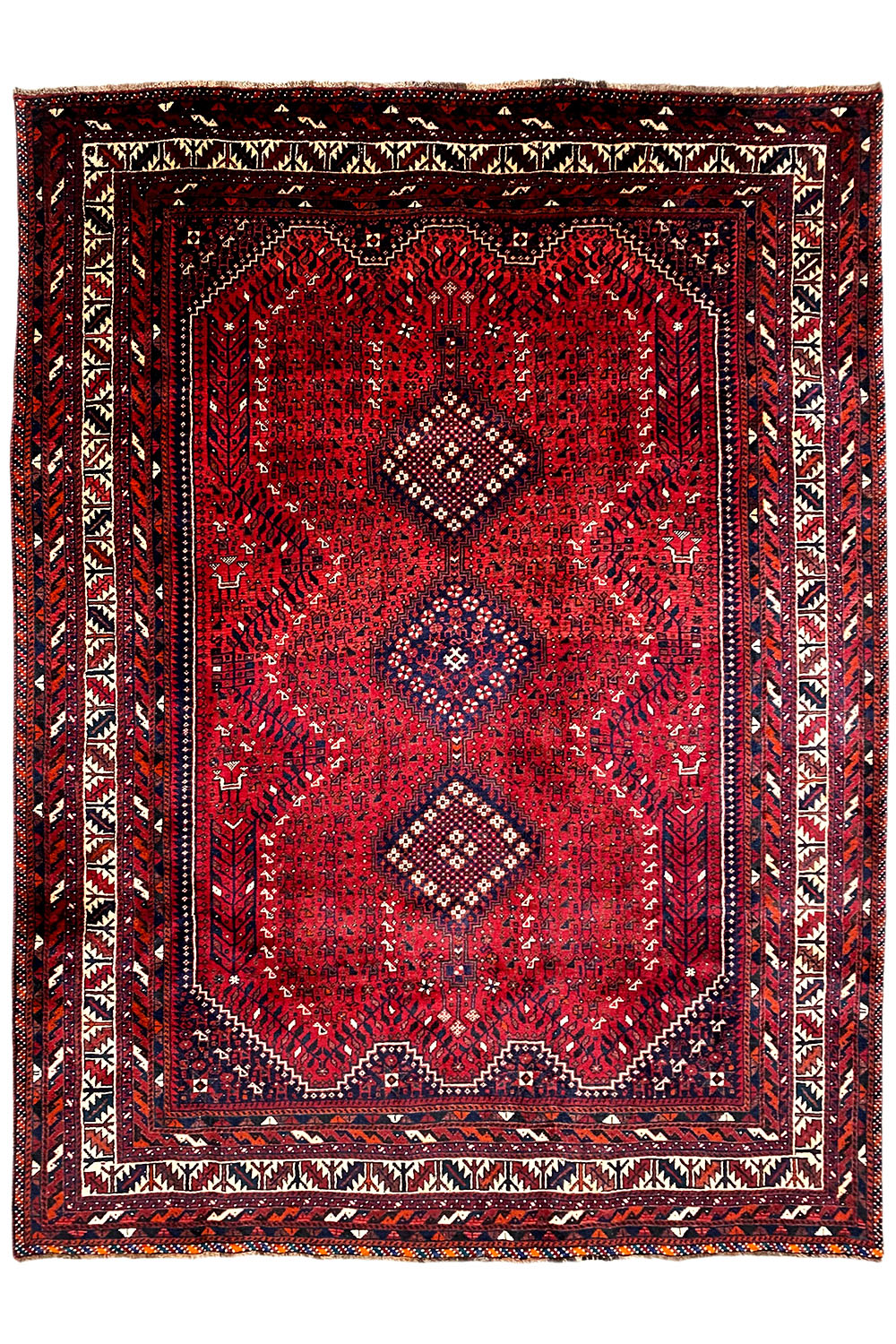 Rug with a red central medallion, surrounding border, and geometric Oriental pattern