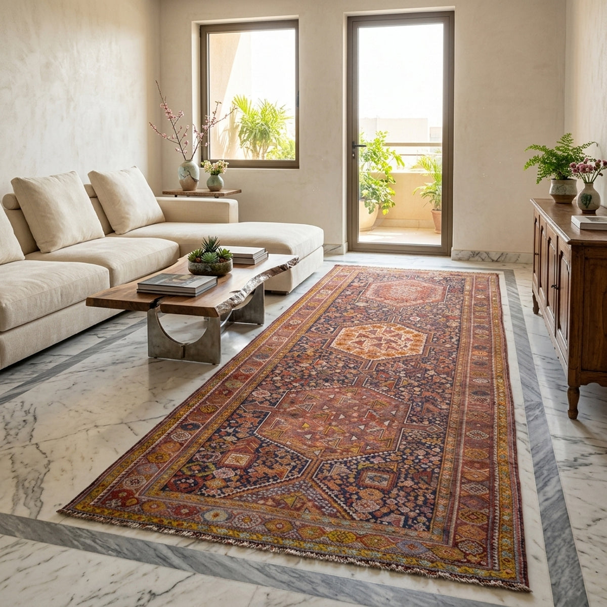 Oriental rug 455x194 cm with medallion pattern in rust red, blue, and yellow