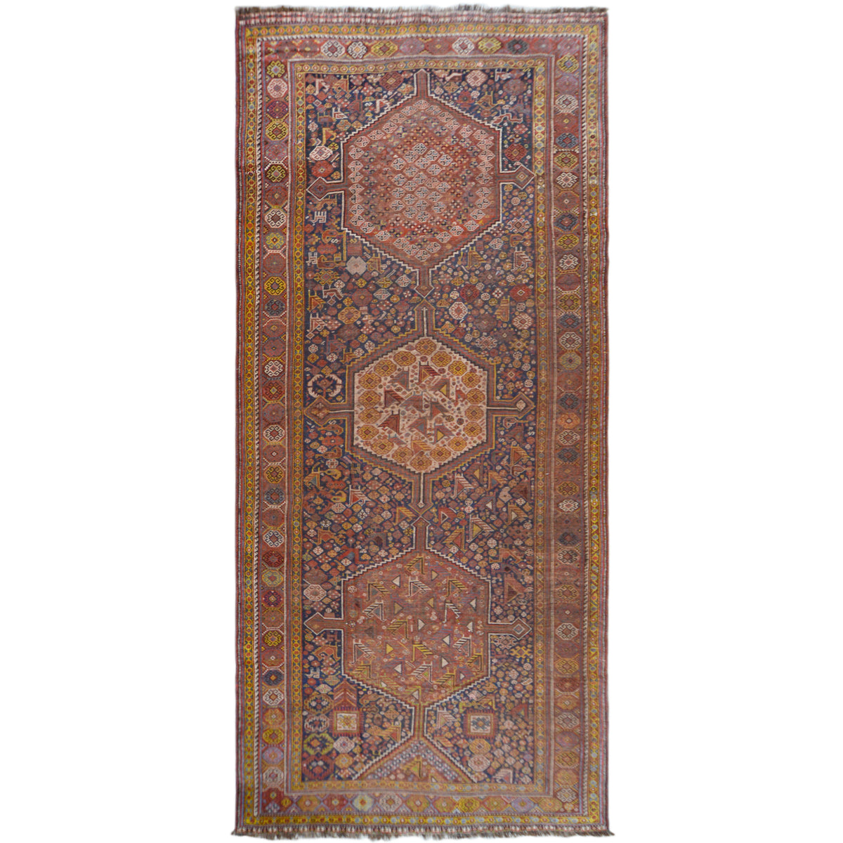 Oriental rug with an ornamental pattern in rust red, blue and yellow, 455x194 cm