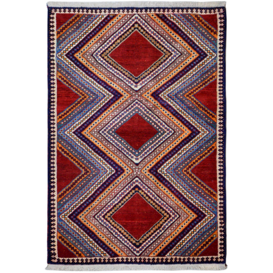 Shiraz-Teppich mit geometrischem Zickzack- und Diamantmuster in Rot, Blau und Beige