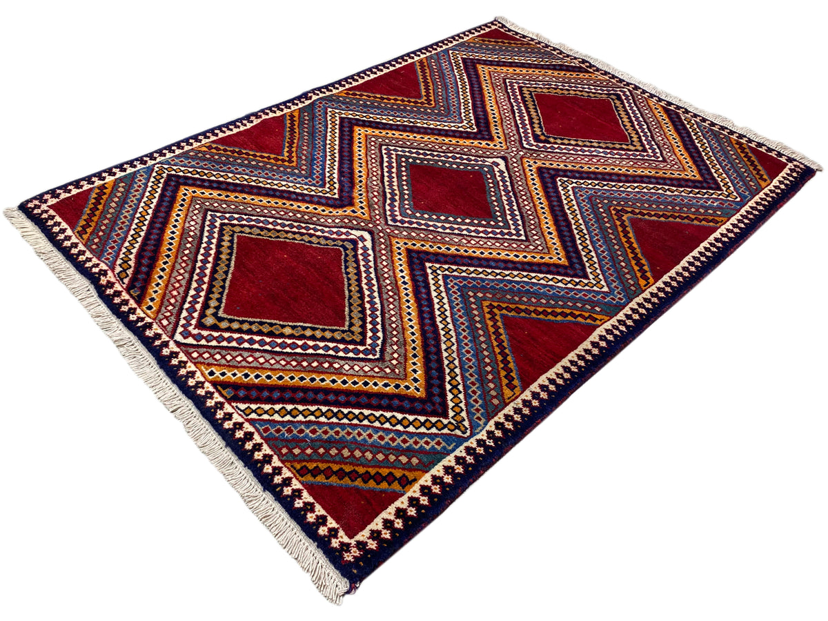 Shiraz-Teppich mit Rauten- und Zickzackdesign, mehrfarbig, mit weißem Fransenrand