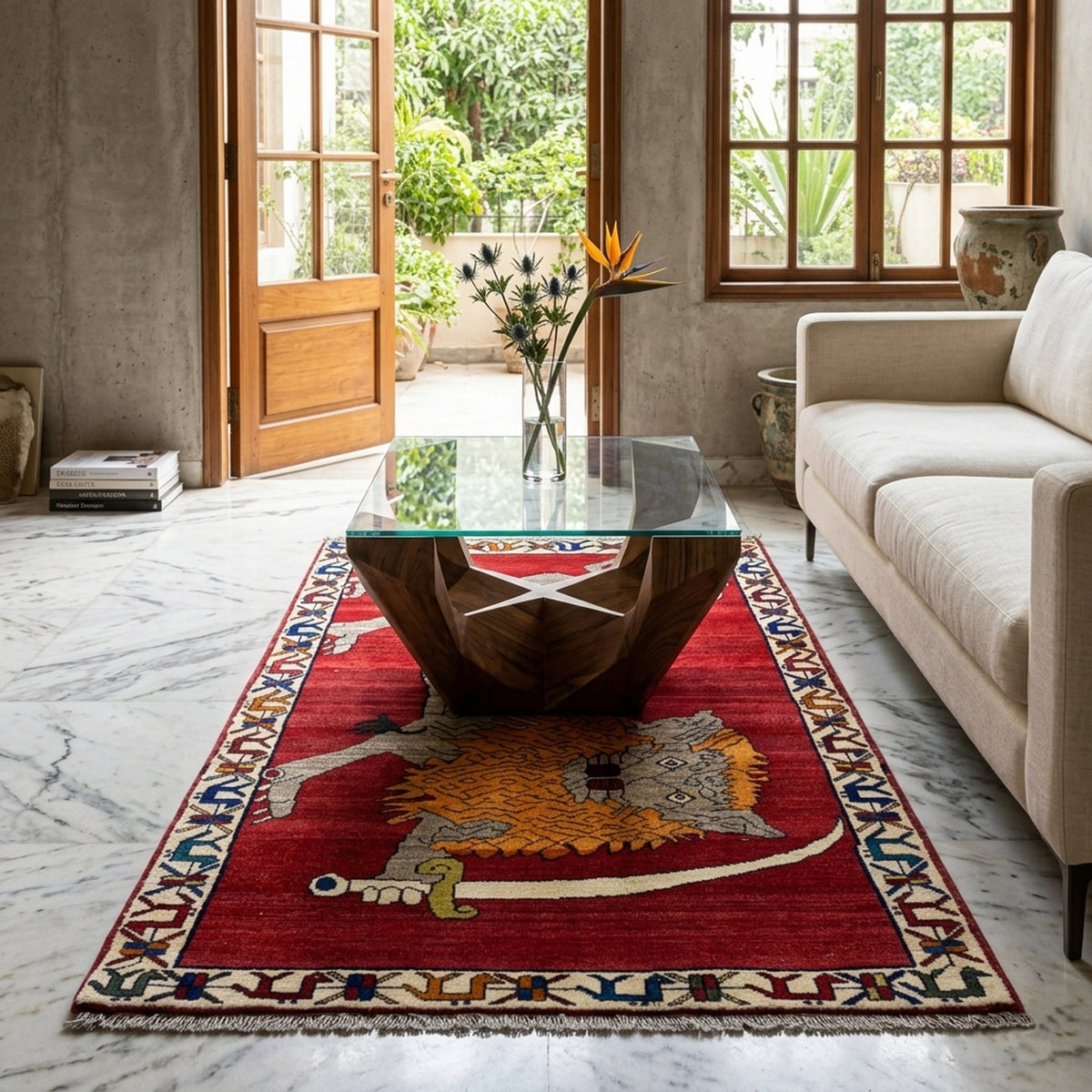 Carpet on the floor with a red border, blue ornaments, and a central animal motif