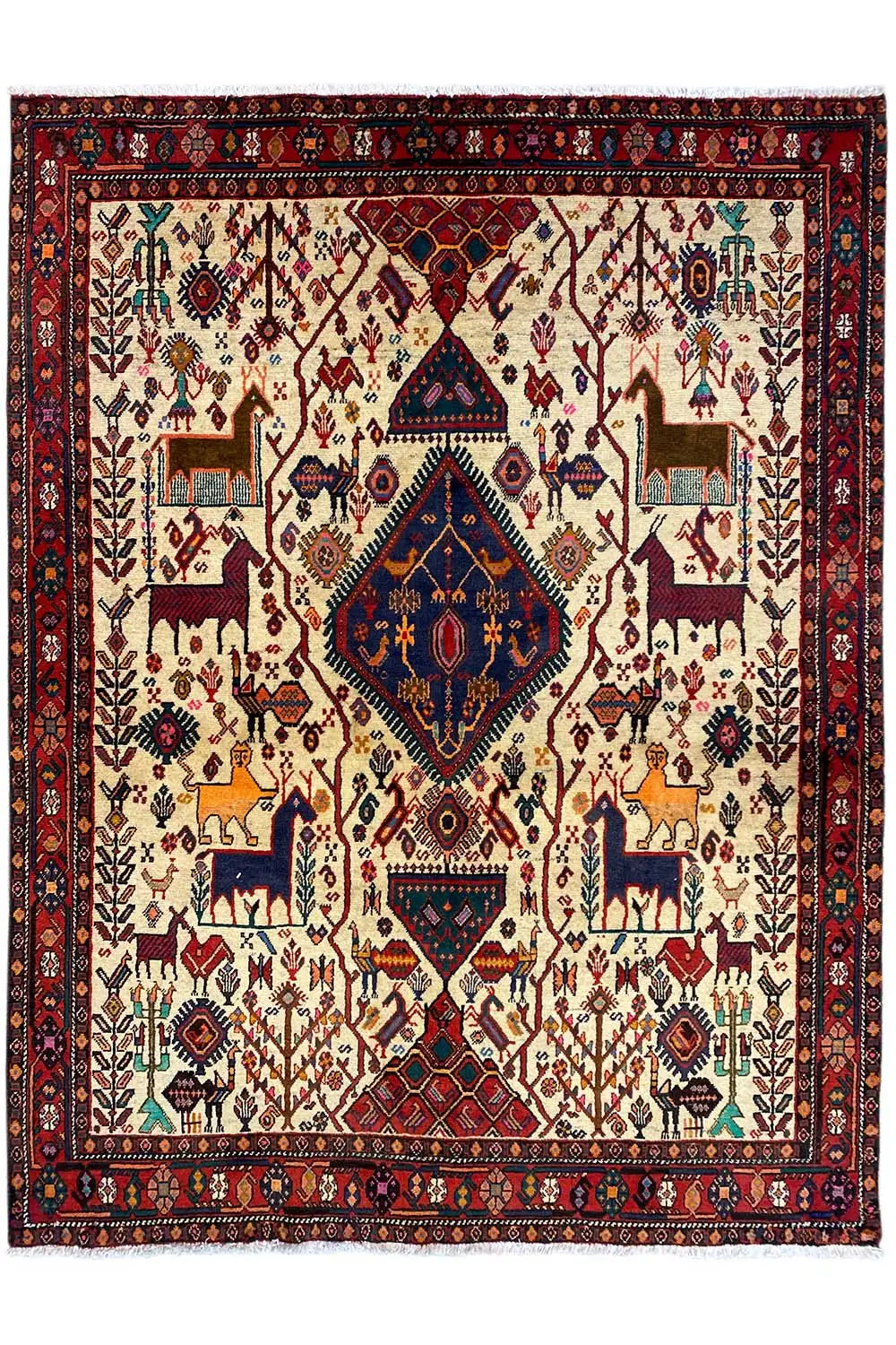 Rug with a cream-colored background, central medallion, and red border###