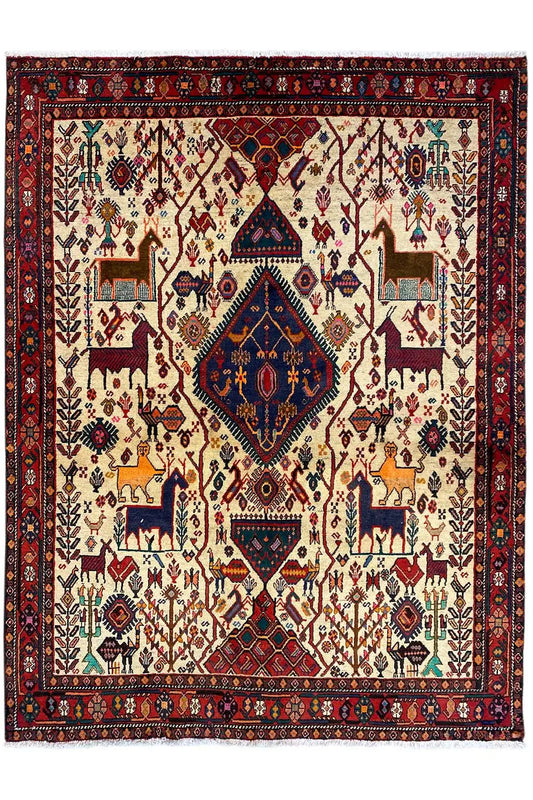 Rug with a cream-colored background, central medallion, and red border###