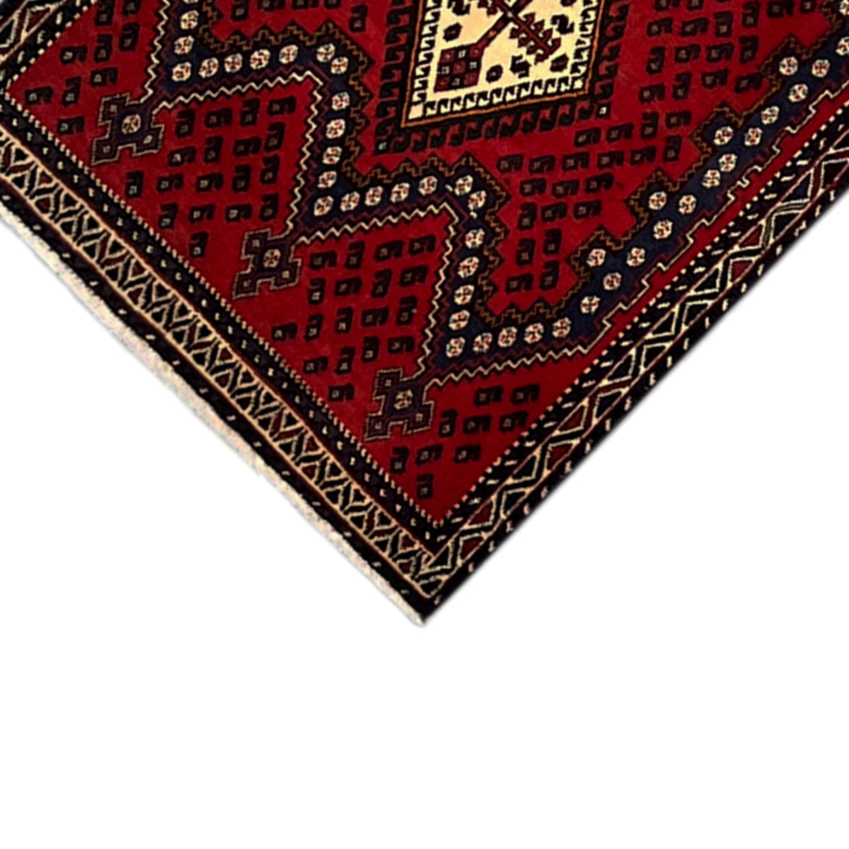 Red runner rug with diamond ornaments and decorative border in dark blue