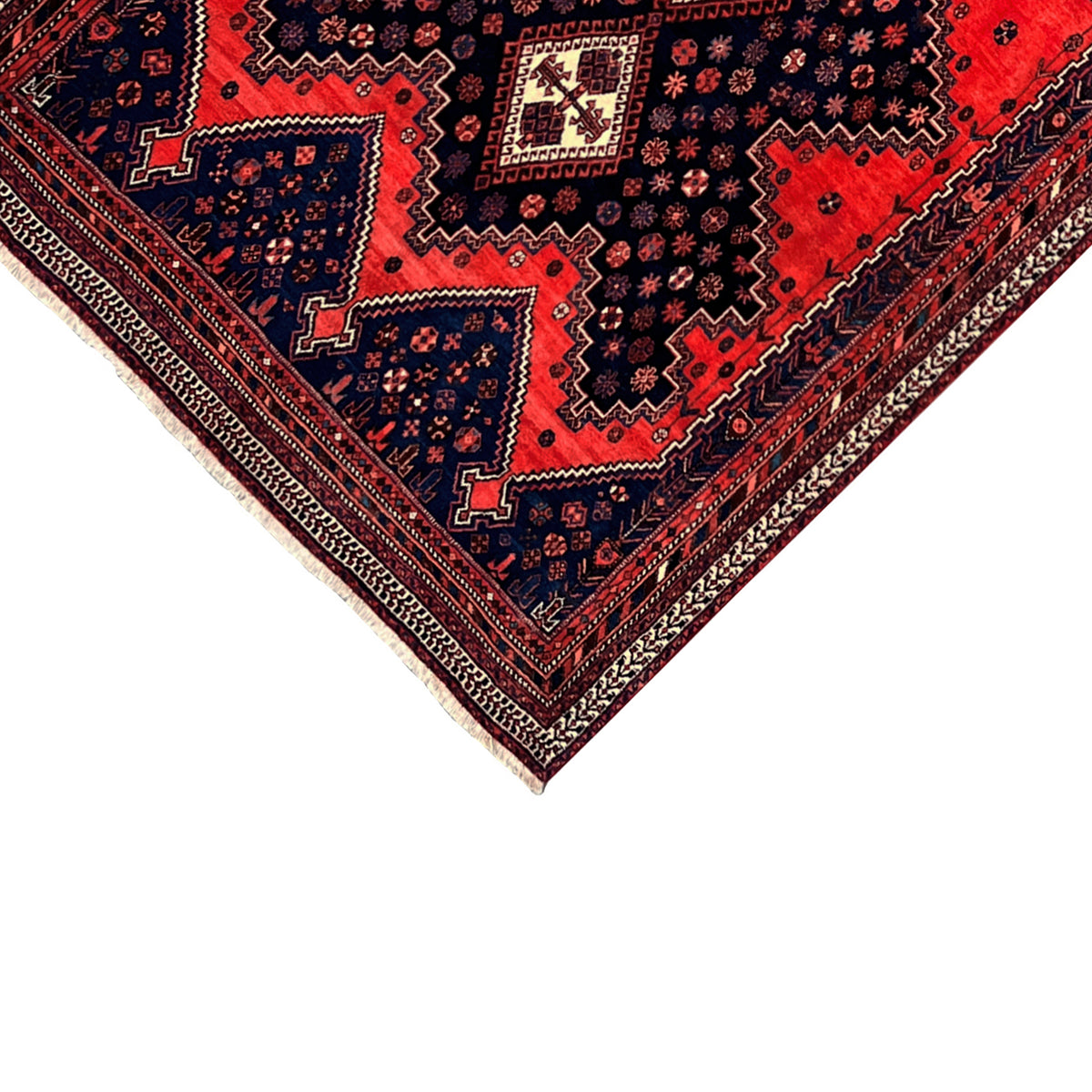 Close-up of an Oriental rug: red and blue ornamental pattern, border along the edge
