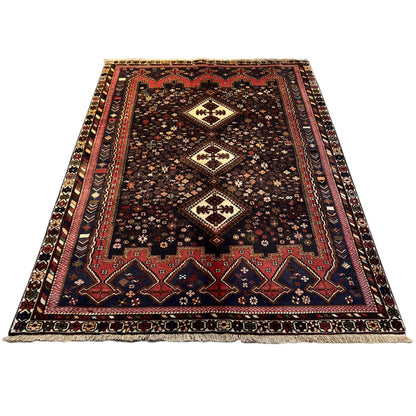 Sirjan rug, dark-brown Oriental pattern with a border in red, blue and beige, flat-weave