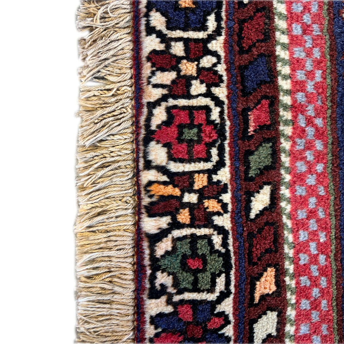 Sirjan rug edge detail with fringes and border in blue, red, and beige