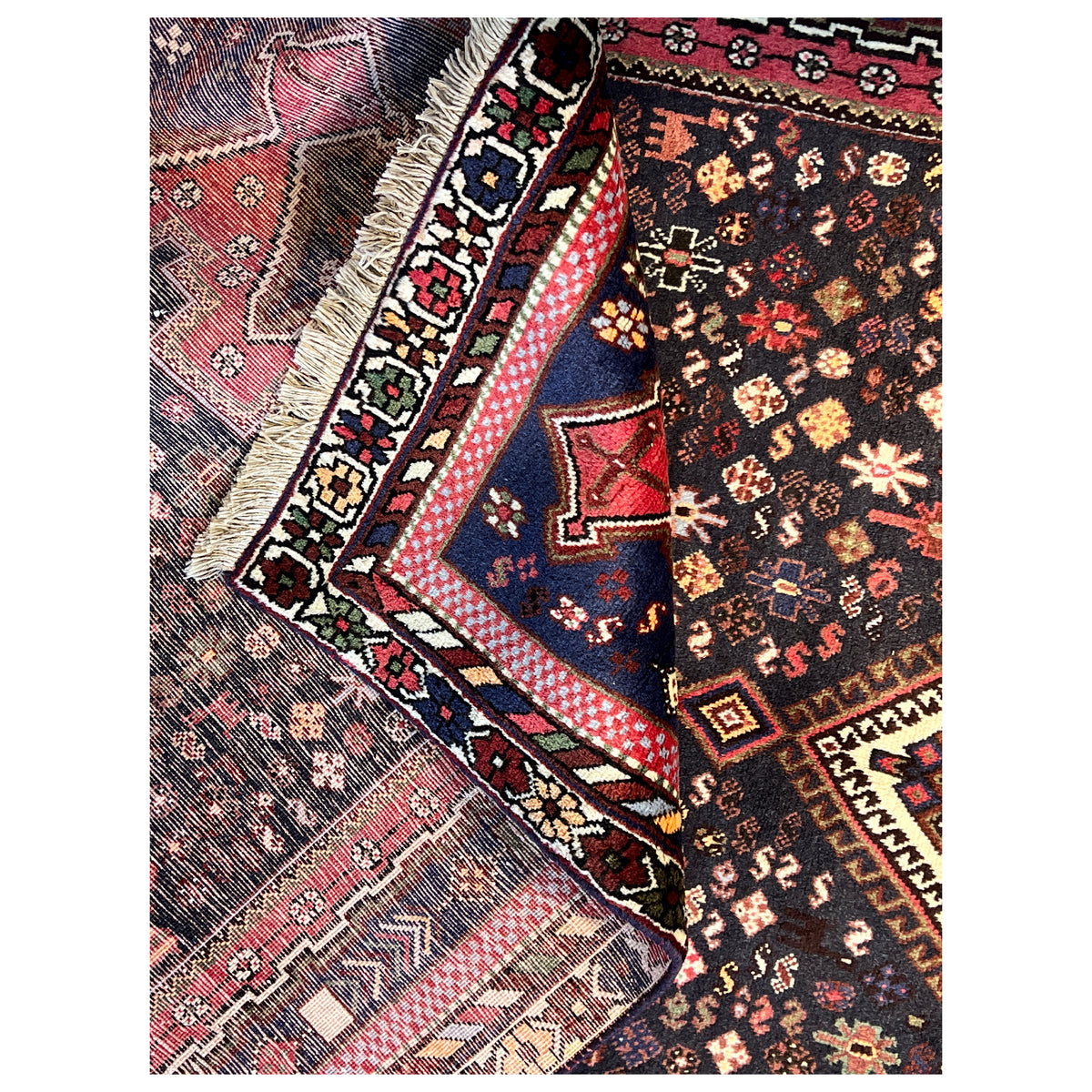 Sirjan carpet detail near the edge with ornamental borders and fringes, dark brown/multicolored