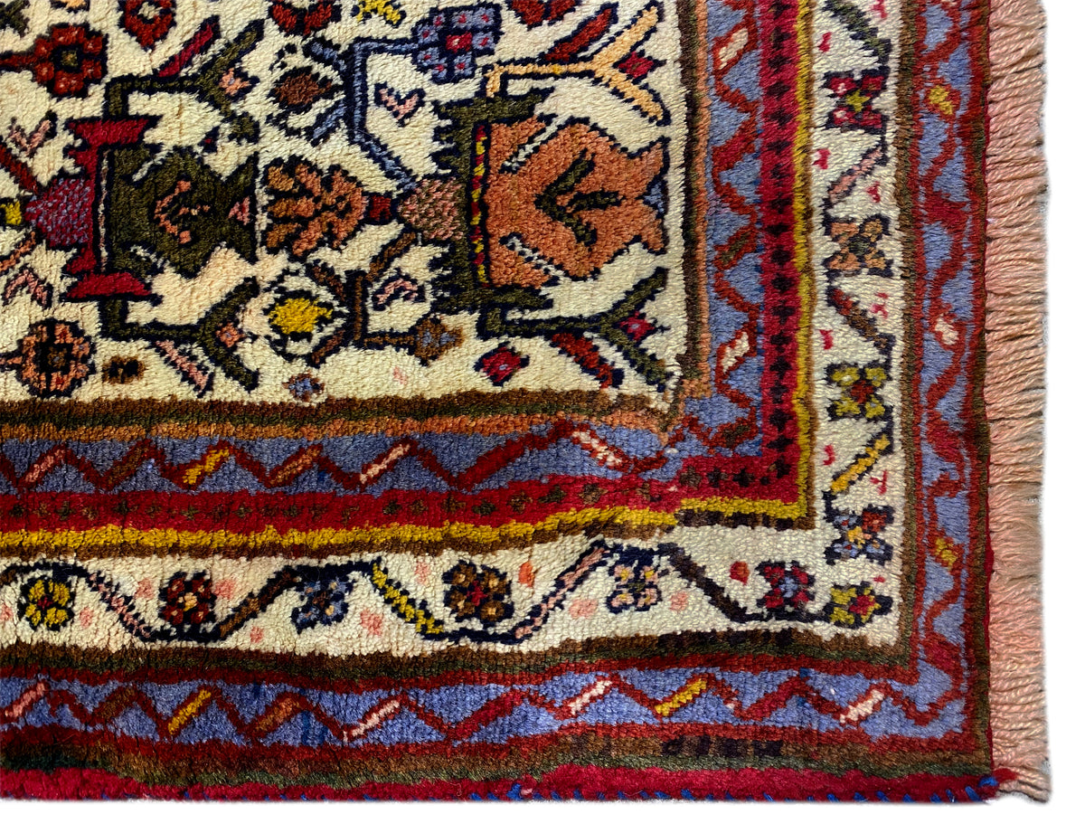 Close-up of the carpet edge: detailed ornamental field, red border, and side fringes