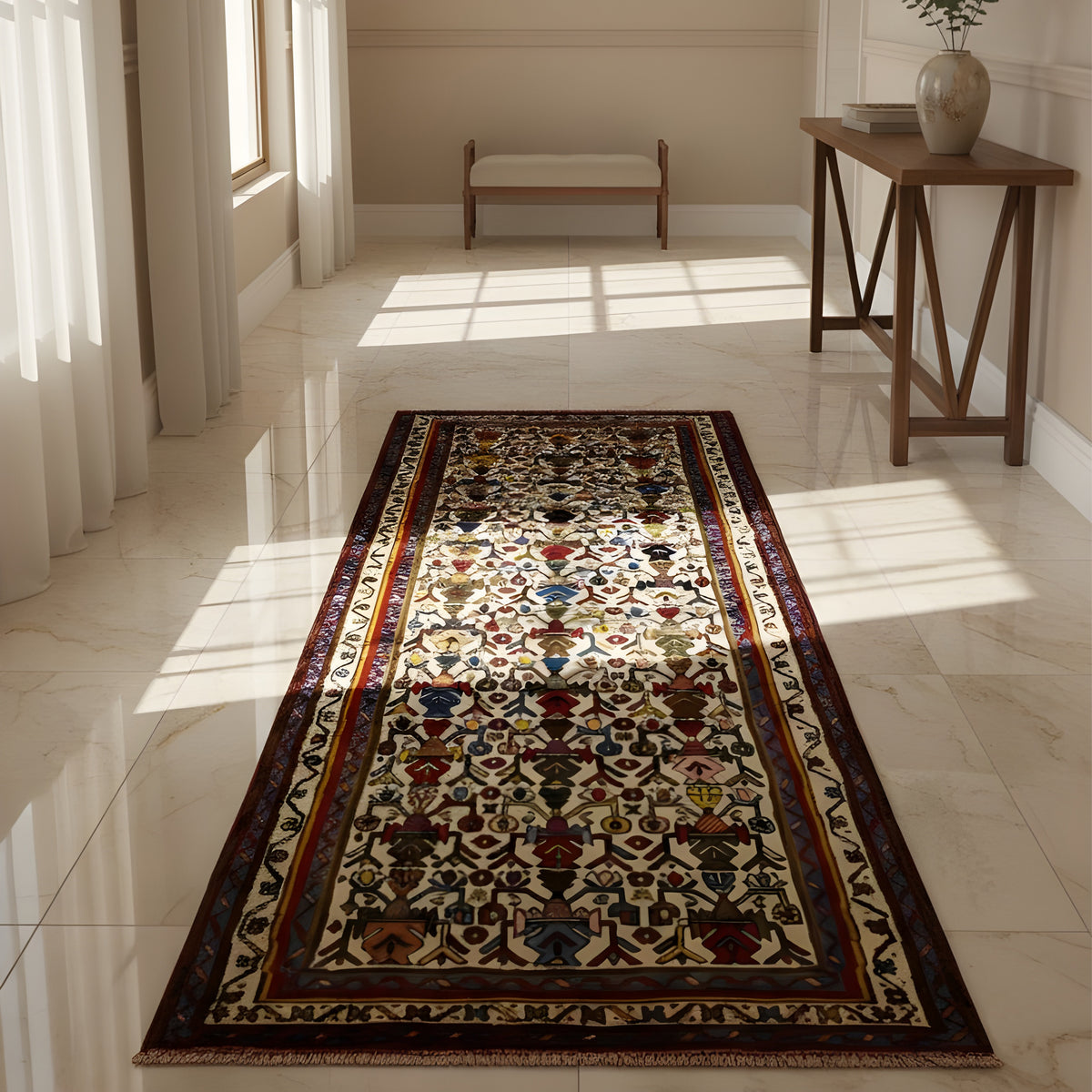 Rectangular Sirjan rug in the hallway: multicolored ornamental pattern with a red border frame