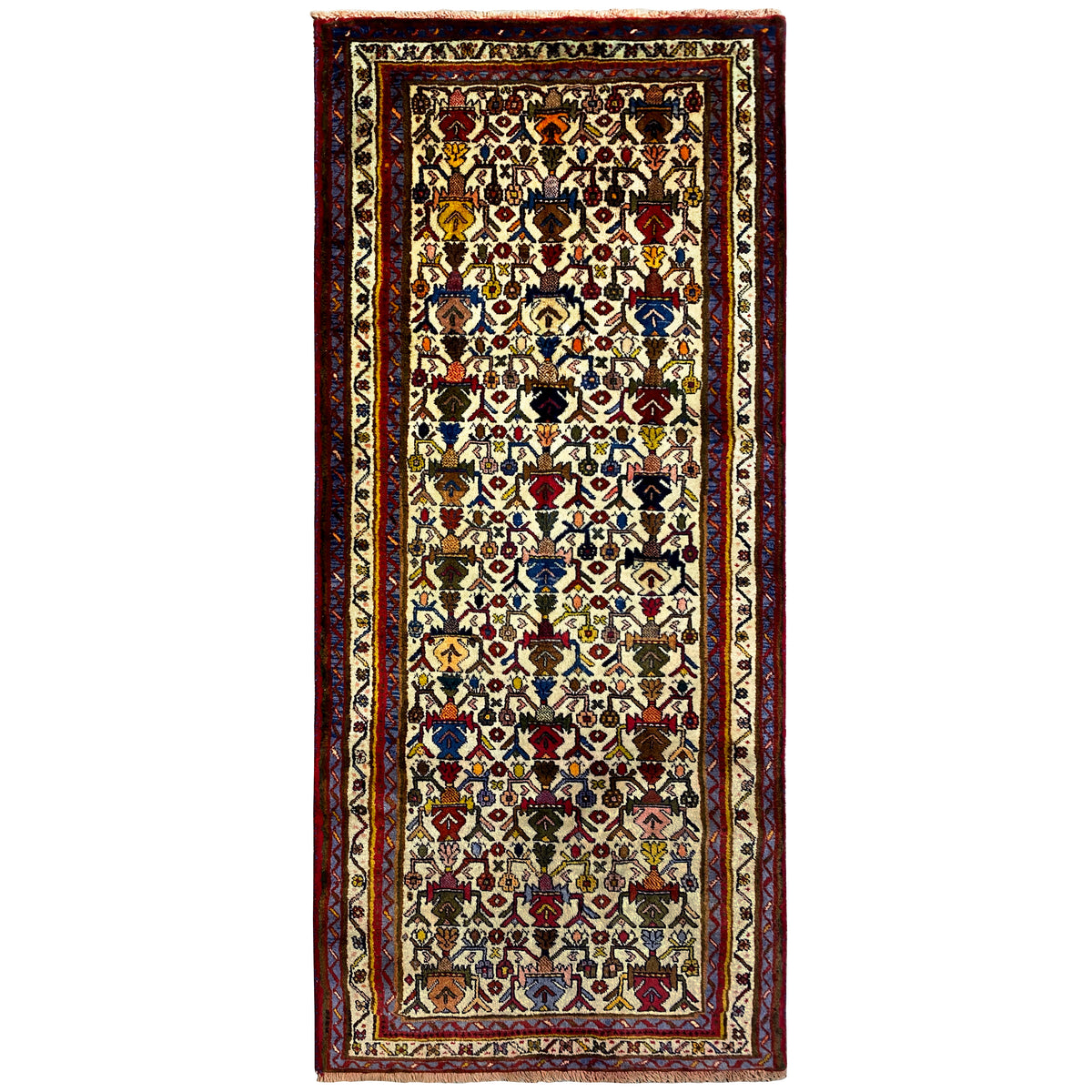 Sirjan rug with a border in red and a multicolored ornamental pattern on a light background