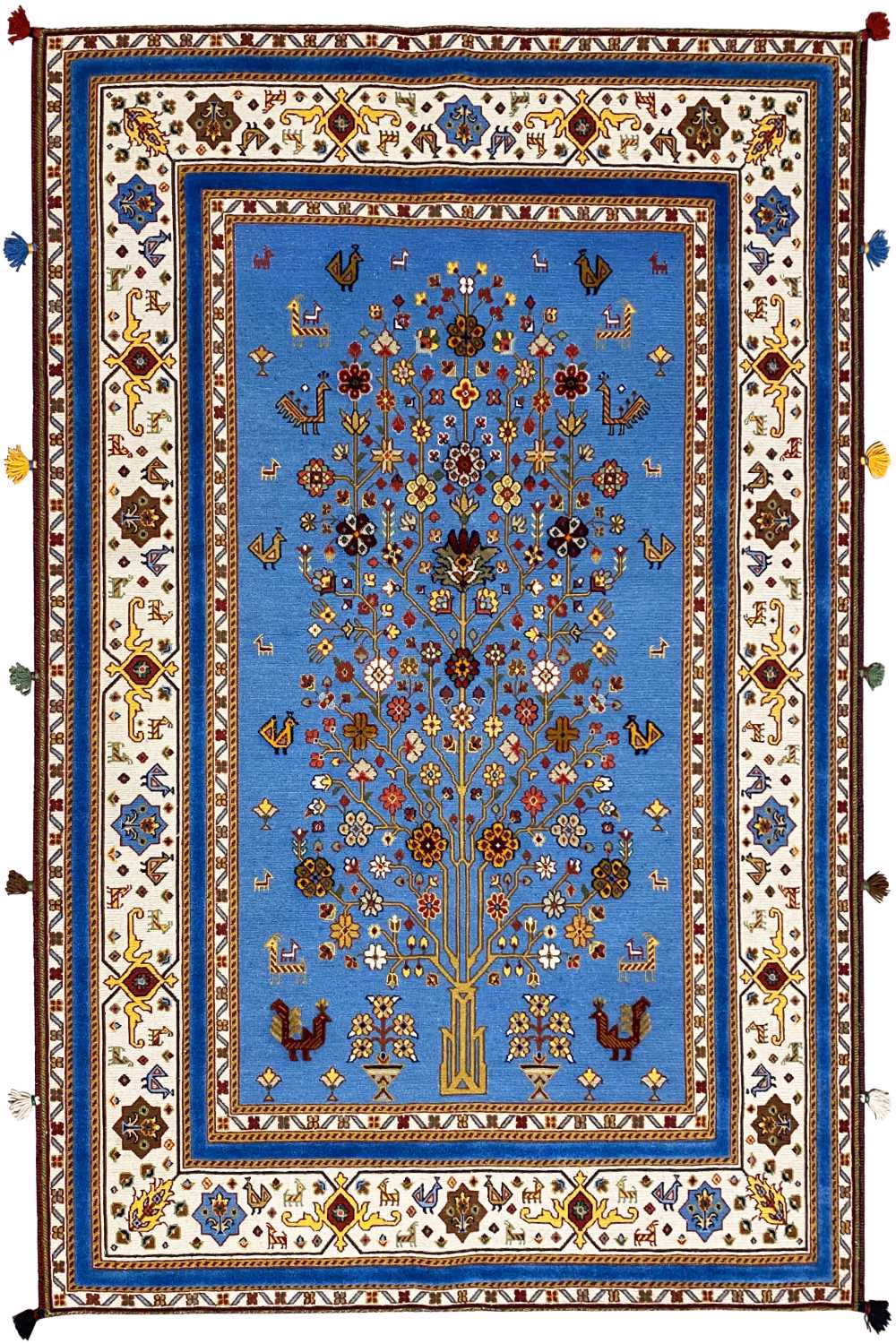 Blue oriental rug with decorative border, central medallion, and fringes