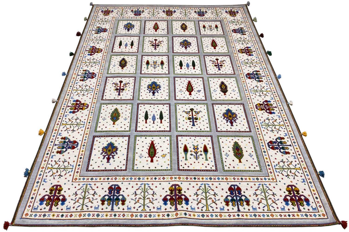 Soumakh rug 240x176 cm, mounted diagonally, multicolored border with motifs