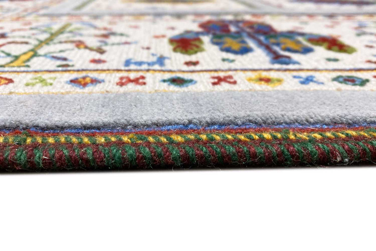 Soumak rug edge with multicolored edging and colorful fringes, 240x176 cm