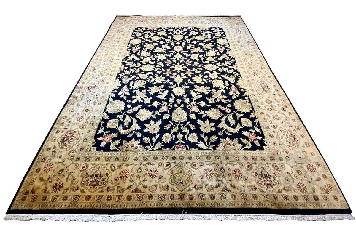 Rectangular rug, dark blue field with beige border bands and ornaments