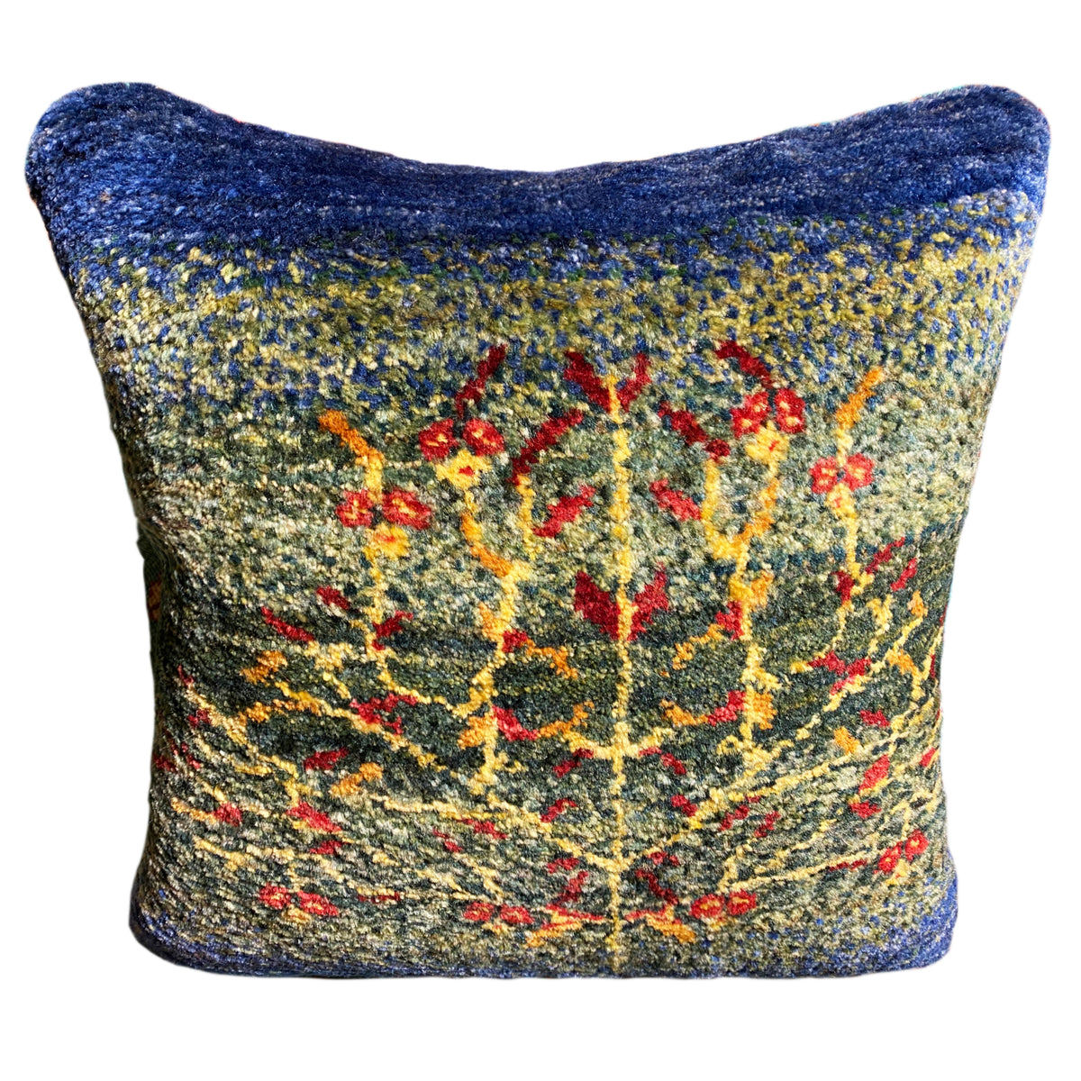 Wool cushion 40x40 cm with a multicolored floral pattern and blue border