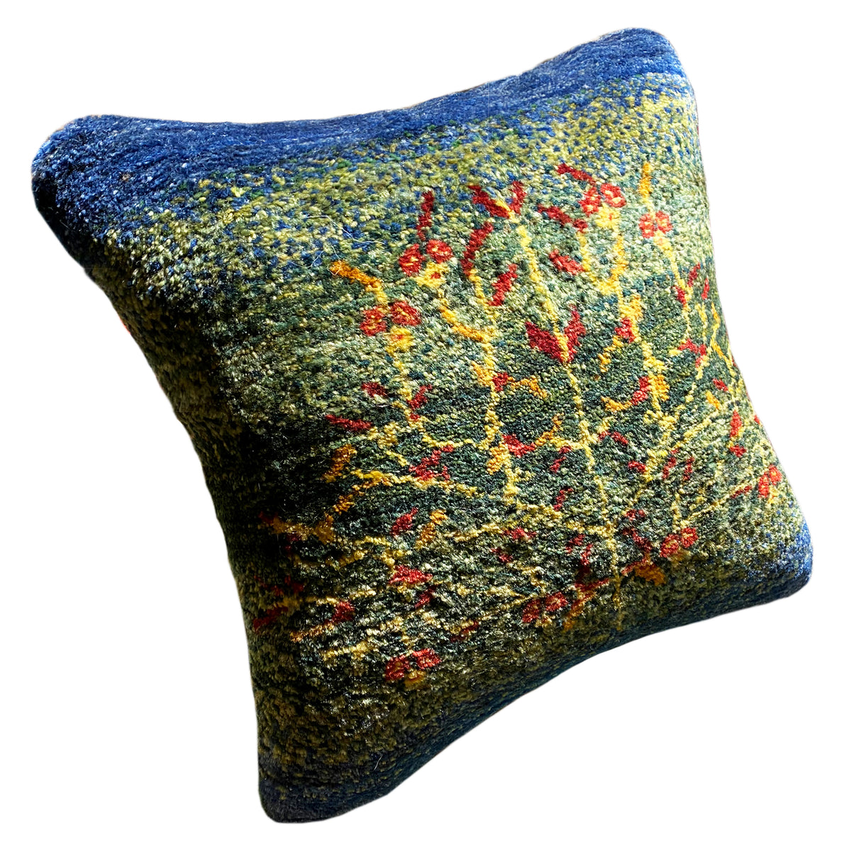 Square wool cushion 40x40 cm with a blue border and colorful floral embroidery